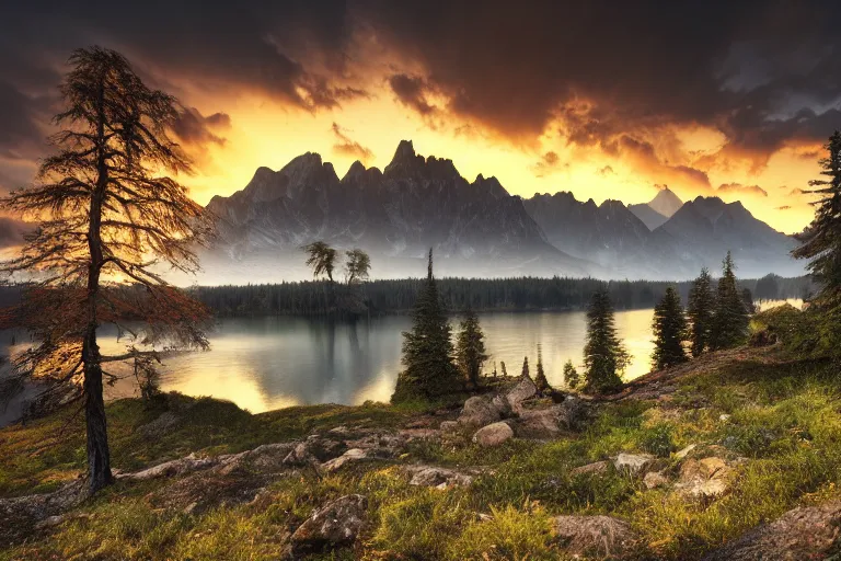 Image similar to beautiful very old photo of a landscape of mountains with lake and a dead tree in the foreground by Marc Adamus, sunset, dramatic sky, 1920