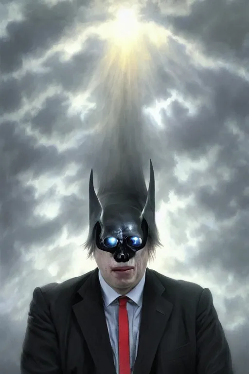 Image similar to a realistic portrait of Boris Johnson as Grim Reaper, masculine figure, bright hopeful atmosphere, volumetric lights, beam of bright light through the clouds, intricate, elegant, highly detailed, extremely detailed, digital painting, artstation, concept art, matte, smooth, sharp focus, hyper realistic, illustration, art by Artgerm and Greg Rutkowski and Alphonse Mucha