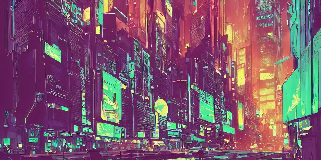 Image similar to a study of cell shaded cartoon of a blade runner 2 0 7 7 style city, illustration, strong colors, neon advertisements, concept art by josan gonzales and wlop, by james jean, victo ngai, david rubin, mike mignola, laurie greasley, highly detailed, sharp focus, trending on artstation, hq, deviantart, art by artgem