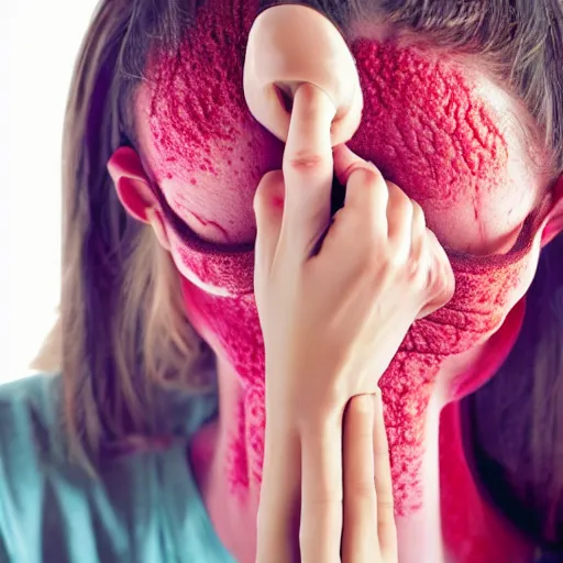 Image similar to headache being physically pulled out of a girl's head, red veins being pulled out of forehead, surreal photograph