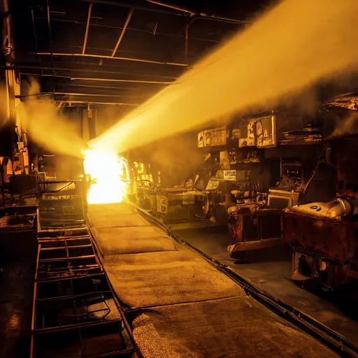 Image similar to toaster ovens on conveyor belt, dark messy smoke - filled cluttered workshop, dark, dramatic lighting, orange tint, sparks, cinematic, highly detailed, sci - fi, futuristic, movie still