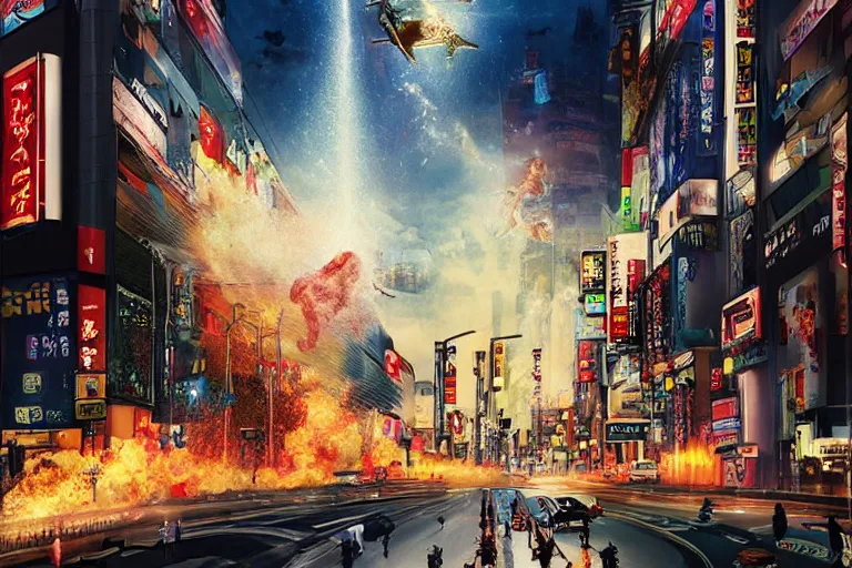 Image similar to cat attacking Tokyo, disaster movie poster, masterpiece, masterwork, cgstudio