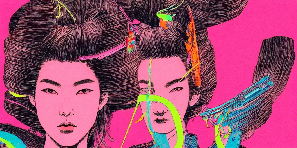 Image similar to a close - up grainy, risograph drawing, hyper light drigter, neon colors, a big porcelain glossy geisha head, with long hair, floating above the sharp peaks weapons, style by moebius and kim jung gi