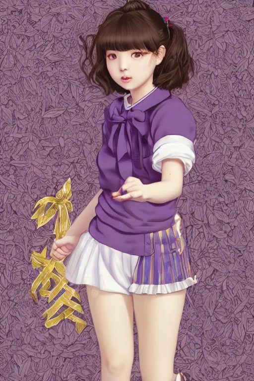 Prompt: Portrait of Eunha from Viviz and gFriend with short hair wearin purple overall shorts, short puffy pants, white tights, Golden Ribbon, and a billowy scarf. masterpiece 4k digital illustration, award winning, Artstation, intricate details, realistic, panoramic view, Hyperdetailed, 8k resolution, intricate art nouveau