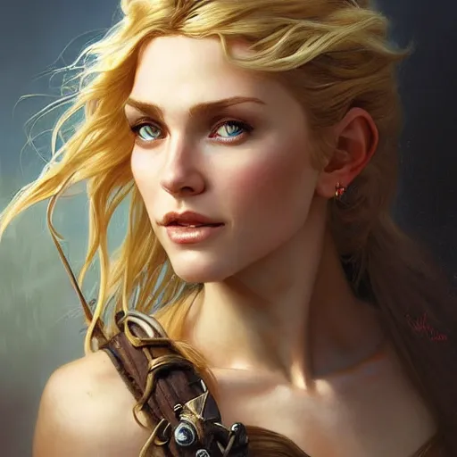 Prompt: portrait of a young ruggedly handsome but joyful pirate, female, feminine, upper body, blonde hair, long hair, d & d, fantasy, seductive smirk, intricate, elegant, highly detailed, digital painting, artstation, concept art, matte, sharp focus, illustration, art by artgerm and greg rutkowski and alphonse mucha
