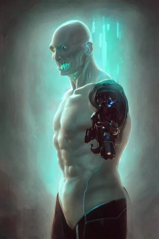 Image similar to cyborg Lord Voldemort without nose in cyberpunk, neon lighting, digital art from artstation by Ruan Jia and Mandy Jurgens and Artgerm and william-adolphe bouguereau and Greg Rutkowski and Wayne Barlowe