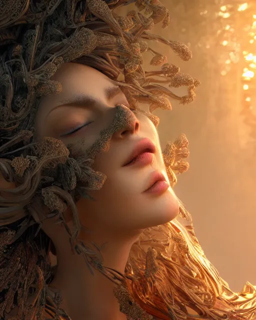 Image similar to beauteous sumptuous biomechanical incredible hair, crystalline masterpiece incrustations, hyperdetailed face, 4 k oled projected retinal overlays, elegant pose, movie still, intricate, octane render, cinematic forest lighting, cgsociety, unreal engine, crepuscular rays, god rays
