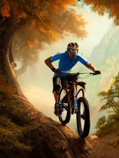 Image similar to handsome man riding a mountain bike in the wild. intricate, elegant, highly detailed, digital painting, artstation, cinematic shot, concept art, sharp focus, illustration, by justin gerard and artgerm, 8 k