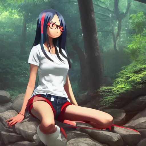 Prompt: nagatoro using white and red tight raglan sleeves, tight blue jeans and cool shoes in a tropical forest, epic fire ombre hair, artstation, 3 d ray tracing, lumen octane render flawless masterpiece