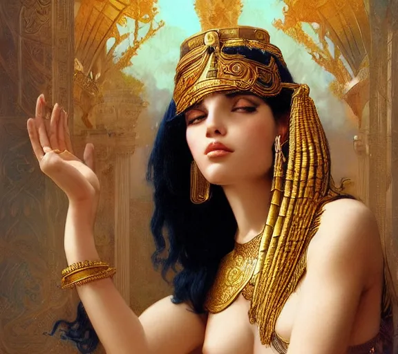 Prompt: photography of sensual cleopatra with hands - up, deep focus, intricate, elegant, highly detailed, digital painting, artstation, concept art, matte, sharp focus, illustration, art by artgerm and greg rutkowski and alphonse mucha and gil elvgren