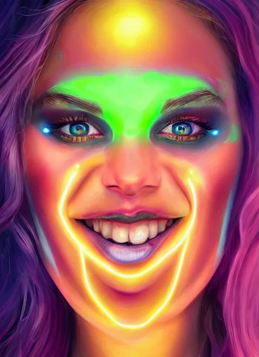 Image similar to gorgeous android portrait with neon face makeup, eightees look, smiling expression, cute nose, retro, beautiful lights, vintage look, hyper realistic, illustration, airbrush, 8 k, intricate, duo tone, art by david la chapelle and philip castle, artgerm