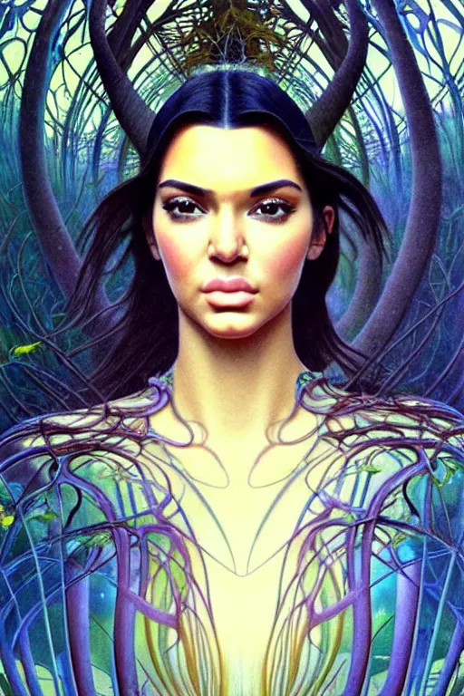 Image similar to realistic detailed face portraitphoto of the beautiful kendall jenner with long hair with sci-fi headwear, futuristic sci-fi forest on background by Jean Delville, Amano, Yves Tanguy, Alphonse Mucha, Edward Robert Hughes, Roger Dean, rich moody colours, blue eyes