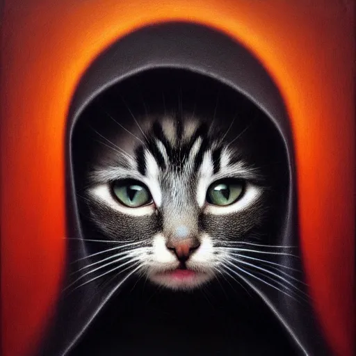 Image similar to a portrait of a kitten wearing a black hood, cloak covering face, anatomically correct, beautiful perfect face, enigmatic, oil painting, matte, black background, Volumetric dynamic lighting, Highly Detailed, Cinematic Lighting, Unreal Engine, 8k, HD, by Beksinski