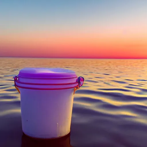 Prompt: a single plastic bucket floating in an endless ocean at sunset