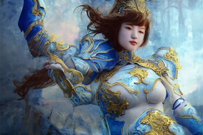 Image similar to portrait knights of Zodiac girl, Chinese Blue and white porcelain reflected armor, kung fu fighting in ruined Agora of Athens sunrise, ssci-fi, fantasy, intricate, very very beautiful, elegant, golden light, highly detailed, digital painting, artstation, concept art, smooth, sharp focus, illustration, art by tian zi and WLOP and alphonse mucha