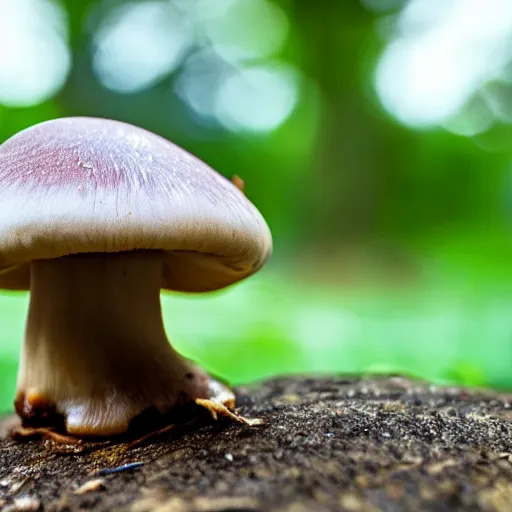 Prompt: macro photo with a mushroom character with cute eyes, 8K, highly detailed