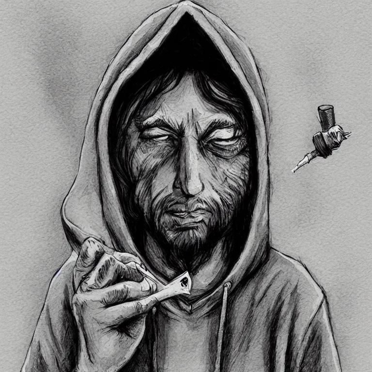 Image similar to gangster in a hoodie smoking a join, in the style of tony sandoval