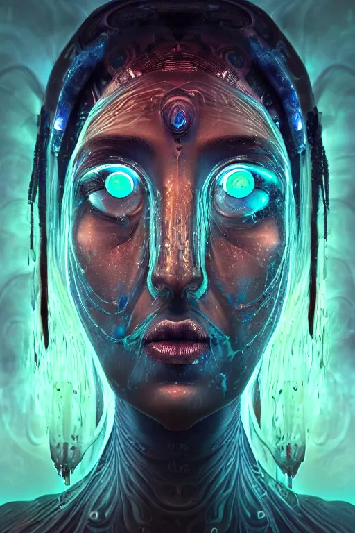 Image similar to a centered render of an ancient futuristic shaman with digital modifications surrounded by a underwater ink pour and flowing liquid gallium and complex sacred geometry, perfect body and face, powerful, cinematic, beautifully lit, by beeple, by artgerm, by karol bak, 3 d, trending on artstation, octane render, 8 k