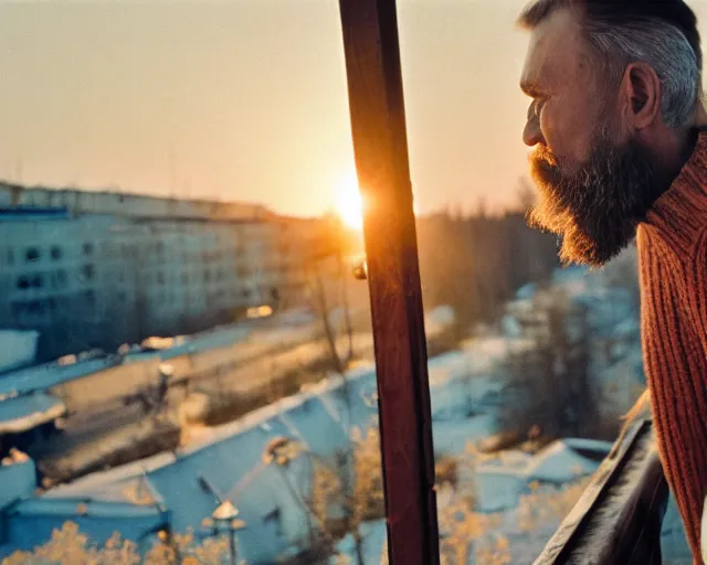 Image similar to lomographic tarkovsky film still of 4 0 years russian man with beard and sweater standing on small hrushevka 9 th floor balcony in taiga looking at sunset, perfect faces, cinestill, bokeh