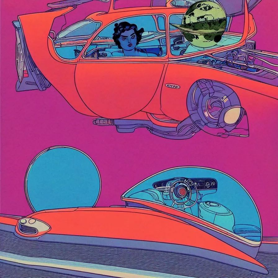 Prompt: ( ( ( ( 1 9 5 0's classic car driving in a strange planet ) ) ) ) by mœbius!!!!!!!!!!!!!!!!!!!!!!!!!!!, overdetailed art, colorful, artistic record jacket design