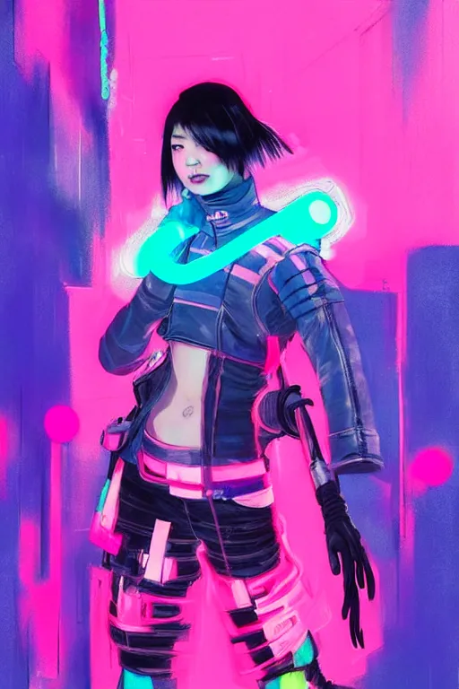 KREA - stylized ninja - cyberpunk girl, wearing techwear and armor, in the  colors hot pink and cyan, beautiful realistic face, highly detailed,  digital painting, artstation, concept art, smooth, sharp focus,  illustration,