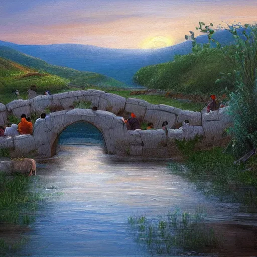 Image similar to High-Quality realist painting of a river crossing a traditional Syrian village in a valley at dawn, peaceful, very detailed, digital art.