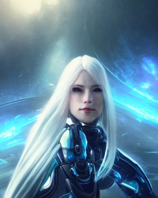 Image similar to perfect android girl on a mothership, warframe armor, beautiful face, scifi, futuristic, galaxy, nebula, raytracing, dreamy, long white hair, blue cyborg eyes, sharp focus, cinematic lighting, highly detailed, artstation, divine, by gauthier leblanc, kazuya takahashi, huifeng huang