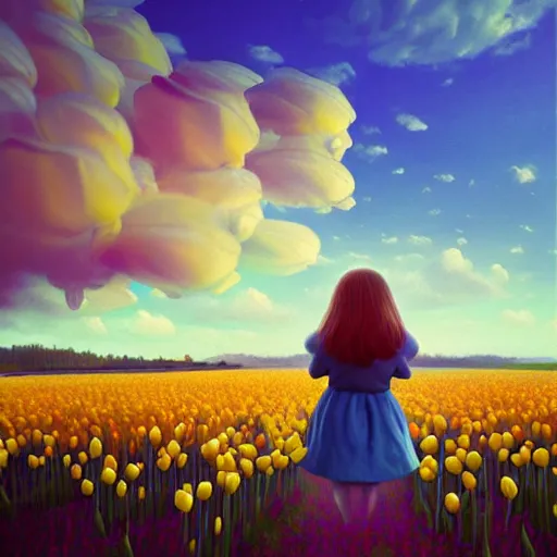 Image similar to girl with a giant tulip head, surreal photography, flower field, sunset dramatic light, impressionist painting, colorful clouds, blue sky, digital painting, artstation, simon stalenhag