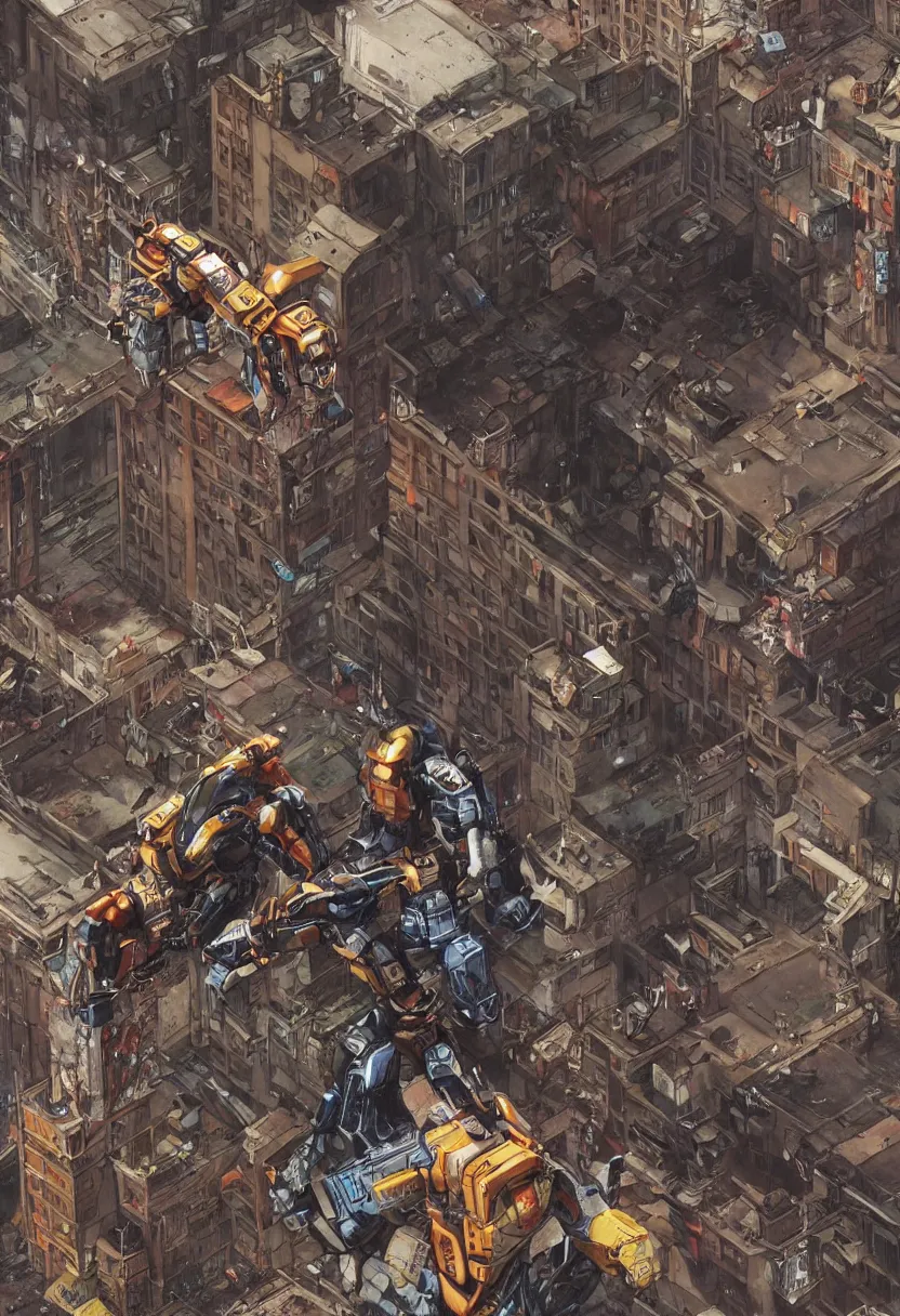 Image similar to chappie battles ed - 2 0 9 in a ghetto in nyc, circa 9 0 0 0, designed by syd mead moebius sorayama jack kirby, hdr, photorealistic, graffiti background, octane render, 8 k