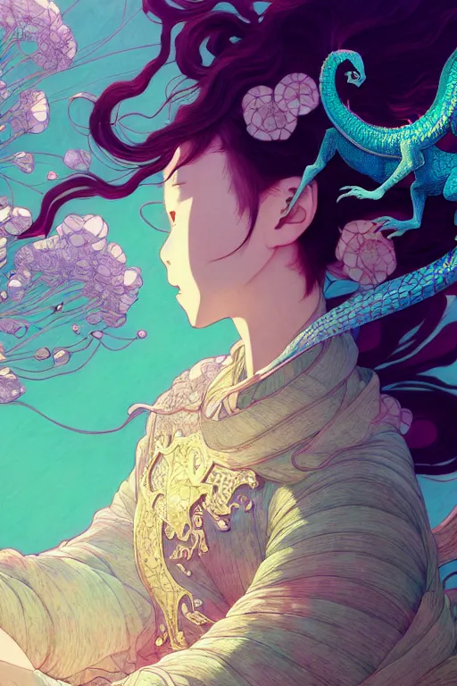 Image similar to a beautiful hyperdetailed character design 4 k wallpaper illustration of cyan dragon victo ngai, from china, style of studio ghibli, makoto shinkai, raphael lacoste, louis comfort tiffany, denoise, deblurring, artgerm, xision, james jean, ross tran, chinese style