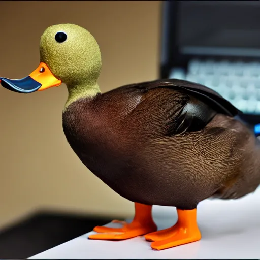 Prompt: a duck wearing a labcoat, computers in the background