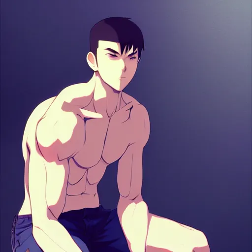 Prompt: a handsome muscular man wearing fashionable street attire, sitting down casually, square masculine facial features, short messy hair, intimidating appearance, 3 d octane render, unreal engine 5, ultra high detail, cel shaded, trending on pixiv fanbox, by greg rutkowski makoto shinkai takashi takeuchi studio ghibli, akihiko yoshida