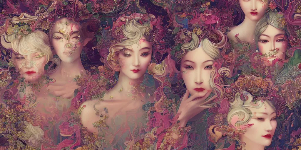 Image similar to breathtaking detailed concept art painting art deco pattern of blonde faces goddesses by hsiao - ron cheng, amalgamation flowers, bizarre compositions, kaleidoscope, exquisite detail, 8 k