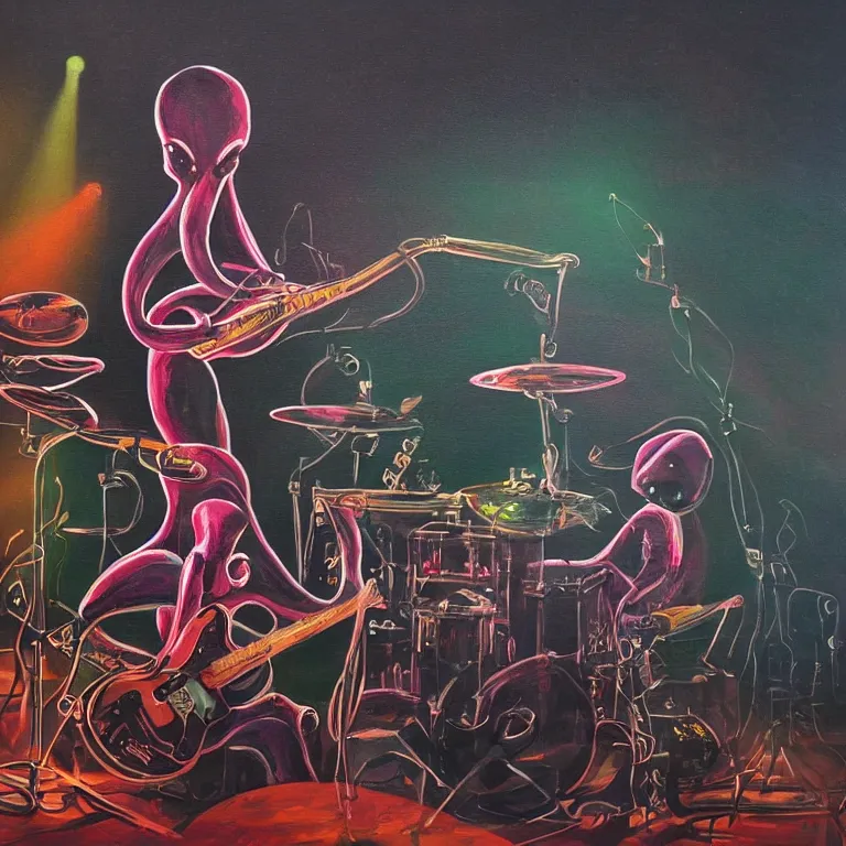 Image similar to a beautiful painting by zeen chin of an octopus playing drums and telecaster guitar in an electronic concert, dark background, concert light, dark mood, warm lights
