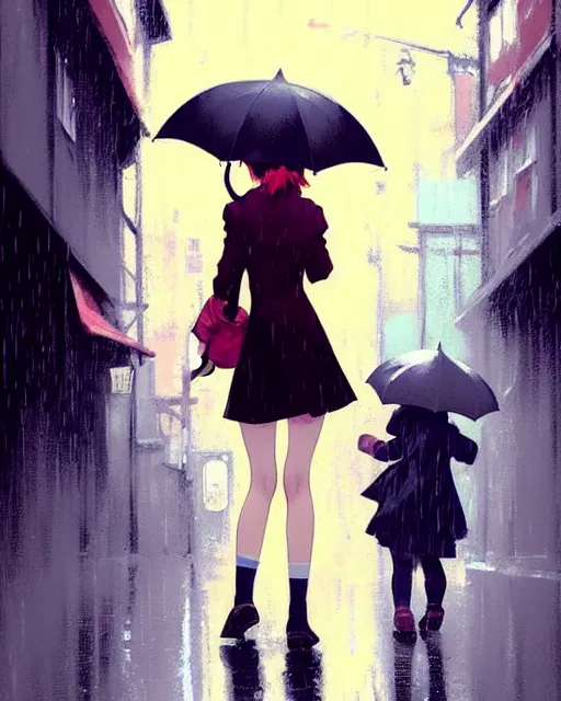 Image similar to cute girl with umbrella in the rain, walking in an alley. | very very anime!!!, fine - face, audrey plaza, realistic shaded perfect face, fine details. anime. realistic shaded lighting poster by ilya kuvshinov katsuhiro otomo ghost, magali villeneuve, artgerm, jeremy lipkin and michael garmash and rob rey