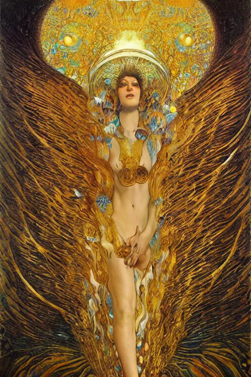 Image similar to Visions of Paradise by Karol Bak, Jean Deville, Gustav Klimt, and Vincent Van Gogh, visionary, otherworldly, celestial, fractal structures, infinite angel wings, ornate gilded medieval icon, third eye, spirals, heavenly spiraling clouds with godrays, airy colors