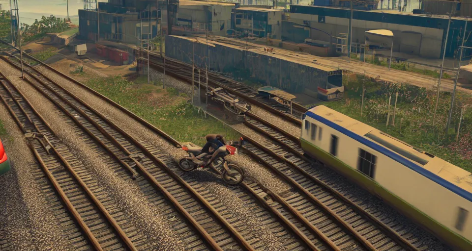 Image similar to CJ missing the train in Grand Theft Auto San Andreas and falling off his dirtbike onto the train tracks, 3D video game, octane render, depth of field, unreal engine 5, full of color, trending on artstation, ultra high detail, ultra realistic, cinematic, focused, 8k