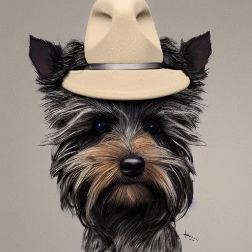 Image similar to portrait of a cute yorkshire terrier detective wearing a fedora, a royal family in the forest, hyperrealistic, extremely detailed, award-winning art, trending on Artstation