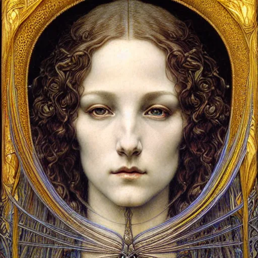 Image similar to detailed realistic beautiful young medieval queen face portrait by jean delville, gustave dore and marco mazzoni, art nouveau, symbolist, visionary, gothic, pre - raphaelite. horizontal symmetry