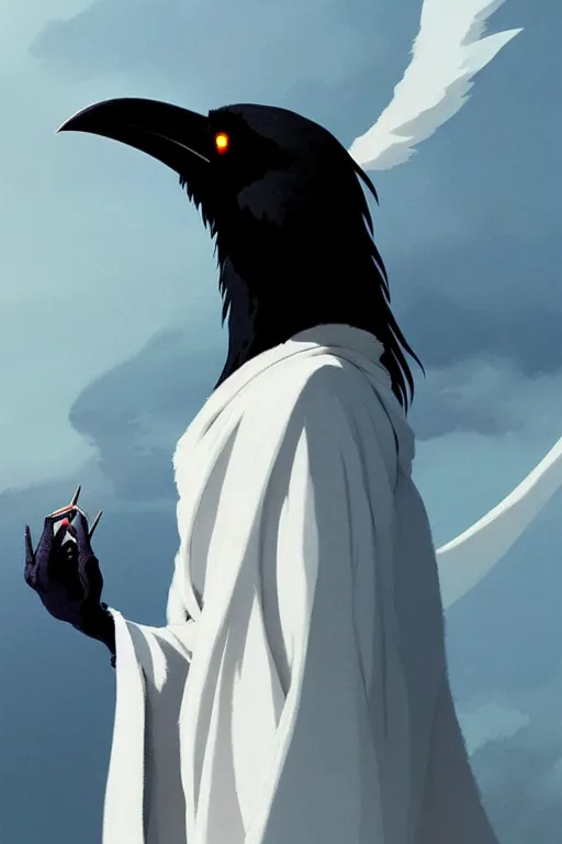 Image similar to raven headed warlock doing magic spells wind, white robes, finely detailed perfect face, exquisite details, mid view, design on a white background, by studio muti, greg rutkowski makoto shinkai takashi takeuchi studio ghibli