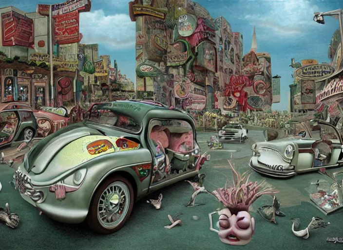 Prompt: the world inside a car batery, lowbrow, matte painting, 3 - d highly detailed, in the style of mark ryden,