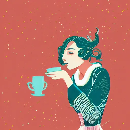 Prompt: illustration of a pretty girl having a cup of coffee, happy feeling, waking up, by malika favre and victo ngai