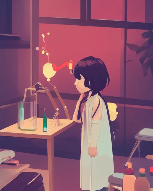 Image similar to a little girl is doing a science experiment. clean cel shaded vector art. minimalist illustration art by lois van baarle, artgerm, helen huang by makoto shinkai and ilya kuvshinov, rossdraws