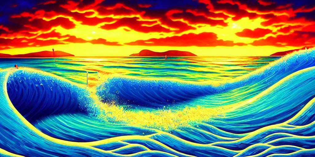 Image similar to a beach shaped like a singing mouth, the waves are made is musical notes, one wave is shaped like the mouths tongue, very colorful painting 8 k trending on art station, intricate details, very realistic, cinematic lighting, volumetric lighting,