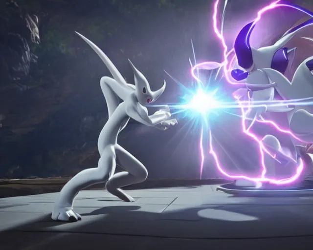 Prompt: mewtwo fighting frieza epic battle, unreal engine, lightning, beams of light, wide angle, highly detailed