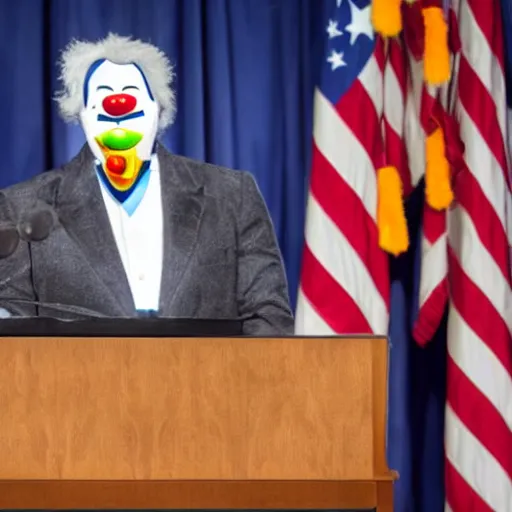 Image similar to string puppet of a president with clown makeup in a podium and a human shadow behind