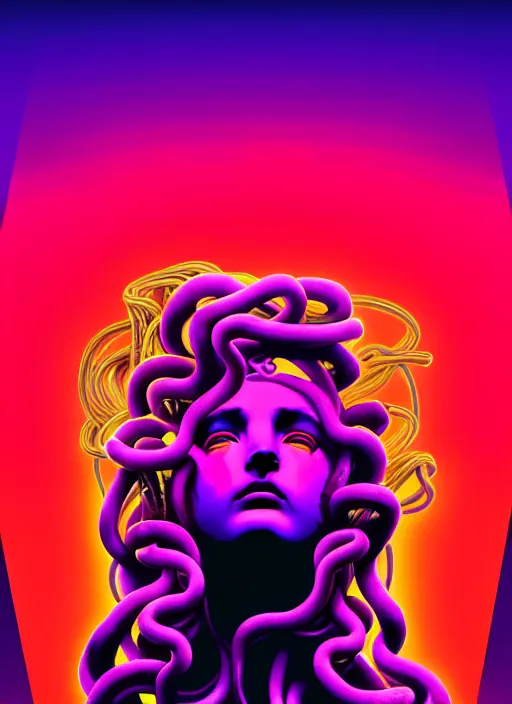 Image similar to statue of medusa, beeple, android jones, liam wong, ( ( ( ( ( dan mumford ) ) ) ) ), vaporwave, retrowave, black background, neon wiring, black, glitch, strong contrast, cuts, pinterest, trending on artstation