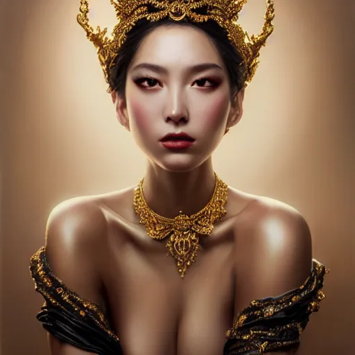 Prompt: expressive oil painting, of alluring european princess, seductive look, smooth glowing skin, glistening body, love, adoration, ornate headpiece made of black beads, glamour shot, slim, ample, by yoshitaka amano, by greg rutkowski, by jeremyg lipkinng, by artgerm, digital art, octane render, white dress