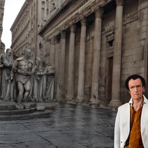 Prompt: award winning photo of a confused Julius Caesar standing in the middle of a modern Roman city