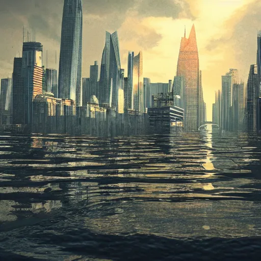 Prompt: flooded city in the year 3030, digital illustration, skycrapers, alone